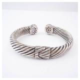 Amethyst Sterling Silver Hinge Cuff Bracelet - Twisted Rope Design
