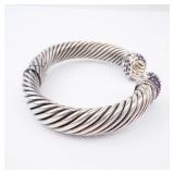 Amethyst Sterling Silver Hinge Cuff Bracelet - Twisted Rope Design