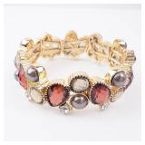 Bracelet - Gold-Tone Multi-Gem Cluster with Red Crystals, Gray Pearls