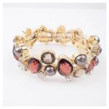 Bracelet - Gold-Tone Multi-Gem Cluster with Red Crystals, Gray Pearls
