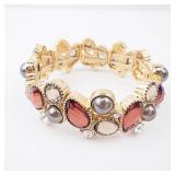 Bracelet - Gold-Tone Multi-Gem Cluster with Red Crystals, Gray Pearls