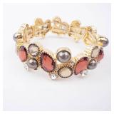 Bracelet - Gold-Tone Multi-Gem Cluster with Red Crystals, Gray Pearls