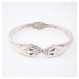 Spoon Cuff Bracelet Silver Plate - England Marked Floral End Caps Open Cuff