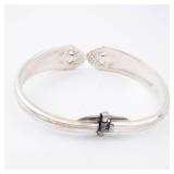 Spoon Cuff Bracelet Silver Plate - England Marked Floral End Caps Open Cuff