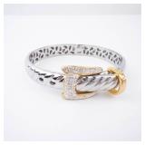 Two-Tone Stainless Steel Bracelet with Gold-Tone Belt Buckle Clasp & Pave Accents