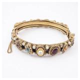 Vintage Gold-Tone Multi-Stone Hinged Bangle Bracelet with Pearl Accents