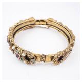 Vintage Gold-Tone Multi-Stone Hinged Bangle Bracelet with Pearl Accents