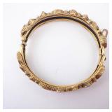 Vintage Gold-Tone Multi-Stone Hinged Bangle Bracelet with Pearl Accents