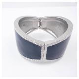 Cuff Bracelet - Black Enamel with Pavé Crystals, Silver Tone