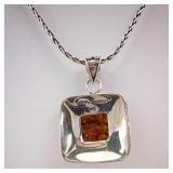 Amber Pendant in Sterling Silver with 18K Accents on Rope Chain