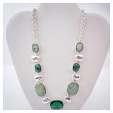 Green Stone Necklace in Silver Tone with Cushion-Cut Gemstones and Extender Chain