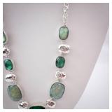 Green Stone Necklace in Silver Tone with Cushion-Cut Gemstones and Extender Chain