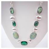 Green Stone Necklace in Silver Tone with Cushion-Cut Gemstones and Extender Chain
