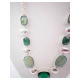 Green Stone Necklace in Silver Tone with Cushion-Cut Gemstones and Extender Chain