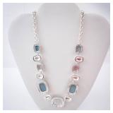Green Stone Necklace in Silver Tone with Cushion-Cut Gemstones and Extender Chain