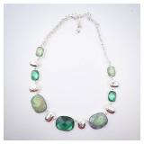 Green Stone Necklace in Silver Tone with Cushion-Cut Gemstones and Extender Chain