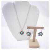 Turquoise Square Pendant Necklace & Matching Earrings Set - Silver Filigree