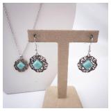 Turquoise Square Pendant Necklace & Matching Earrings Set - Silver Filigree