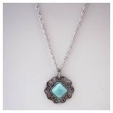 Turquoise Square Pendant Necklace & Matching Earrings Set - Silver Filigree