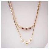 Gold-Tone Layered Necklaces - Gemstone Arc & Pearl Bead Set (Lot of 2)
