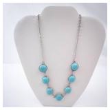 Turquoise Disc Necklace - Silver Tone Chain with Round Cabochons