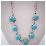 Turquoise Disc Necklace - Silver Tone Chain with Round Cabochons