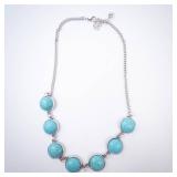 Turquoise Disc Necklace - Silver Tone Chain with Round Cabochons
