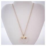Apple Pendant Necklace - Gold Tone with Leaf Accent