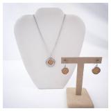 Silver Circle Pendant Necklace with Woven Brown Center - Matching Earrings Set