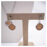 Silver Circle Pendant Necklace with Woven Brown Center - Matching Earrings Set