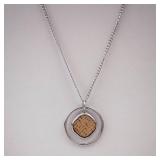 Silver Circle Pendant Necklace with Woven Brown Center - Matching Earrings Set