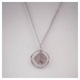 Silver Circle Pendant Necklace with Woven Brown Center - Matching Earrings Set