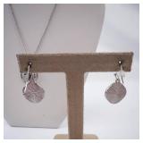 Silver Circle Pendant Necklace with Woven Brown Center - Matching Earrings Set