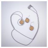 Silver Circle Pendant Necklace with Woven Brown Center - Matching Earrings Set