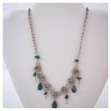 Silver-Tone Floral Necklace with Green Gemstone Drops