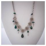 Silver-Tone Floral Necklace with Green Gemstone Drops