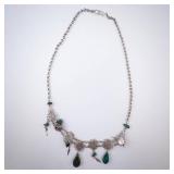 Silver-Tone Floral Necklace with Green Gemstone Drops