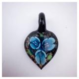 Murano Glass Teardrop Pendant - Hand-Painted Blue Floral Design