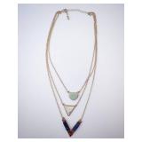 Layered Geometric Pendant Necklace - Rose Gold-Tone with Teal Arc, White Triangle, Blue V
