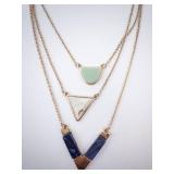Layered Geometric Pendant Necklace - Rose Gold-Tone with Teal Arc, White Triangle, Blue V