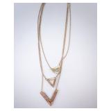 Layered Geometric Pendant Necklace - Rose Gold-Tone with Teal Arc, White Triangle, Blue V