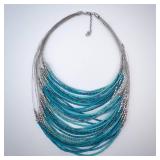 Turquoise Bead Necklace - Multi-Strand Silver Chains