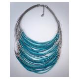 Turquoise Bead Necklace - Multi-Strand Silver Chains