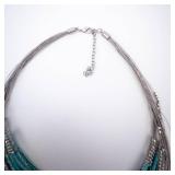 Turquoise Bead Necklace - Multi-Strand Silver Chains