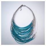 Turquoise Bead Necklace - Multi-Strand Silver Chains