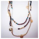 Beaded Multi-Strand Necklace - Turquoise, White, Brown Beads with Gold Discs