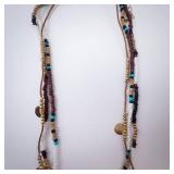 Beaded Multi-Strand Necklace - Turquoise, White, Brown Beads with Gold Discs