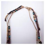 Beaded Multi-Strand Necklace - Turquoise, White, Brown Beads with Gold Discs