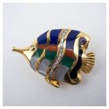 14K Gold Asch Grossbardt Fish Brooch with Lapis, Malachite, Coral, Mother of Pearl & Diamonds