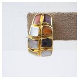 14K Gold Mosaic Omega Back Earrings - Multi-Color Gemstone Inlay